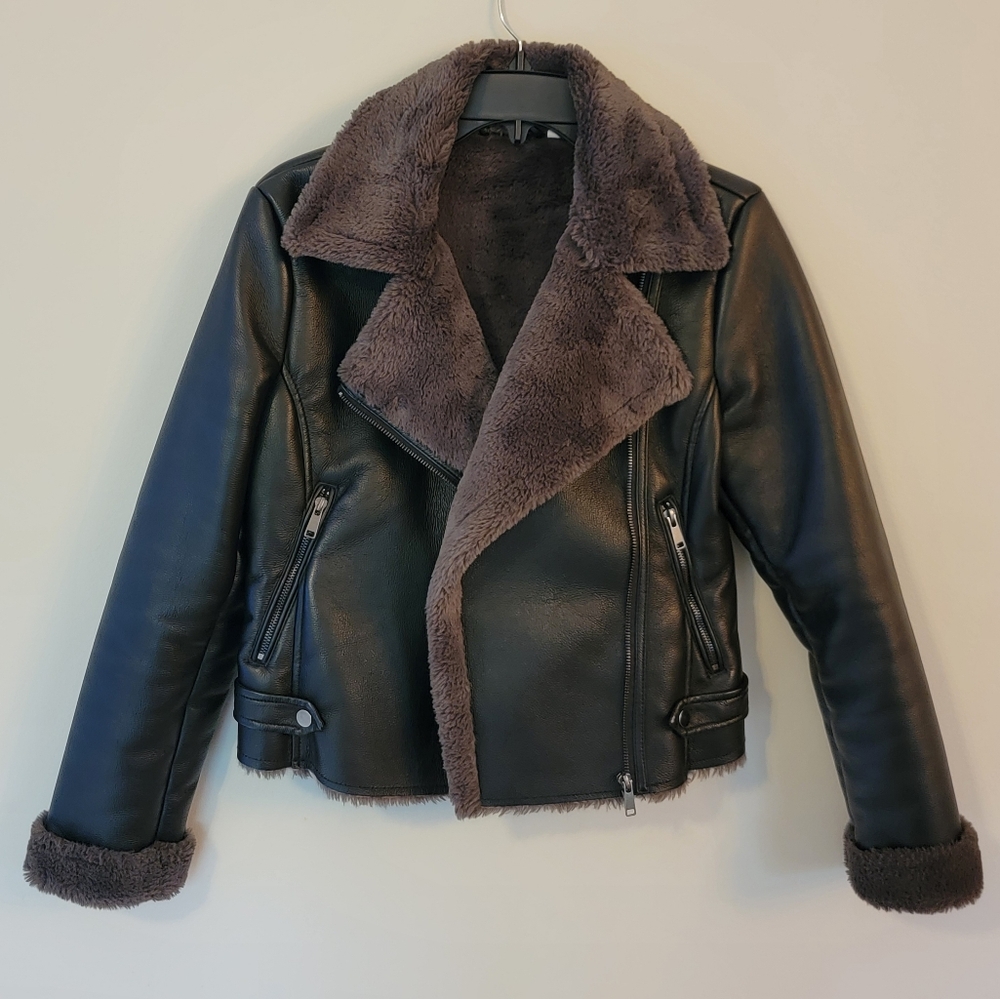 A.N.A Black Faux Leather Jacket With Faux Fur Lining Size XS Women's